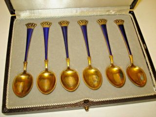 Vintage Demitasse Spoons 6 Gold Wash Sterling Silver Cobalt Blue Enamel Denmark