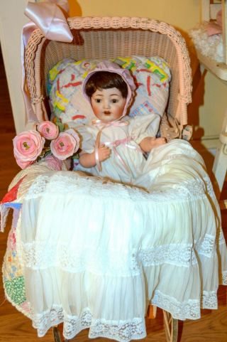 17” CHARACTER BABY DOLL - MARKED ON NECK 9/42,  CHRISTENING GOWN & PINK BONNET 2