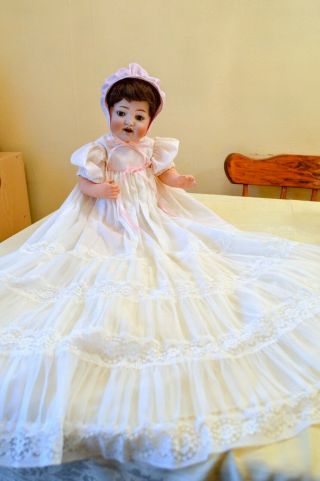 17” CHARACTER BABY DOLL - MARKED ON NECK 9/42,  CHRISTENING GOWN & PINK BONNET 3