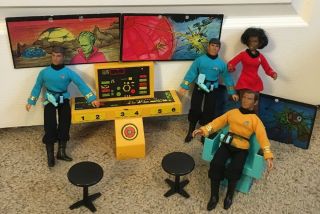 4 Vintage Star Trek Action Figures Spock Kirk Chair Uss Enterprise Playset Acces