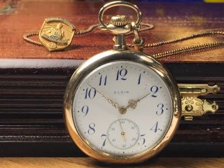 1910 Elgin Pocket Watch W/blue Numeral Dial & Fancy Hands Chain & Fob Keeps Time