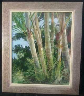 Old Vintage Oil Painting Signed Florida Landscape Palm Trees K M Mitchell 1979