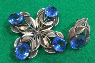 Cini Sterling Blue Stone Brooch & One Earring Leaf Floral Design