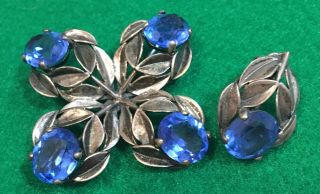 Cini Sterling Blue Stone Brooch & One Earring Leaf Floral Design 2
