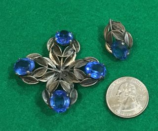 Cini Sterling Blue Stone Brooch & One Earring Leaf Floral Design 5