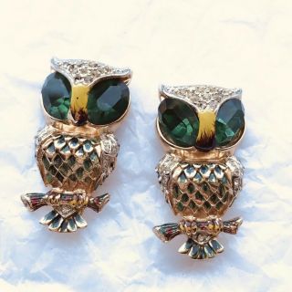 Coro Duette Owls Green Rhinestone Enamel Owl Dress/fur Clips 1940s Signed