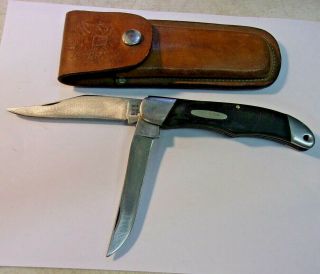 Vintage Usa Buck 317 Folding 2 Blade Knife And Tooled Leather Sheath