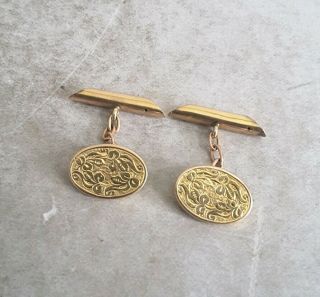 Pair Pretty Antique 9ct Solid Gold Engraved Cuff Links.  3.  9gms.  Birm.  1907.