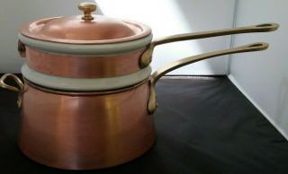 Vintage Usa Copper & Brass Double Boiler Bazar Francais W/ Hall Porcelain