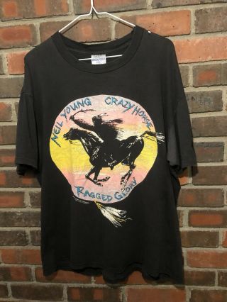 Neil Young T Shirt Large Mens Vintage 1991 Ragged Glory Black Brockum Band Music