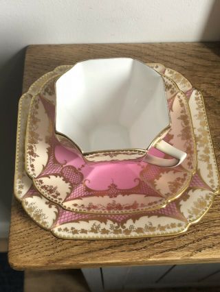 VERY RARE PINK GILDED SHELLEY QUEEN ANNE TEA CUP TRIO 1920s (1) 10