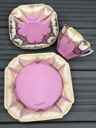 VERY RARE PINK GILDED SHELLEY QUEEN ANNE TEA CUP TRIO 1920s (1) 12