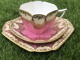VERY RARE PINK GILDED SHELLEY QUEEN ANNE TEA CUP TRIO 1920s (1) 5