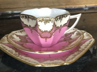 VERY RARE PINK GILDED SHELLEY QUEEN ANNE TEA CUP TRIO 1920s (1) 6