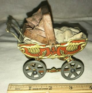 Antique Tin Litho Embossed Baby Buggy Carriage Toy Vintage Victorian Doll Penny