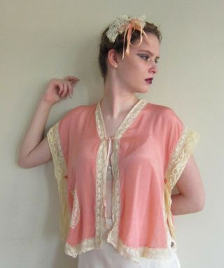 Vintage 1920s Bed Jacket Pink Silk Cream Lace 20s Lingerie Lacy Silk Blouse Top