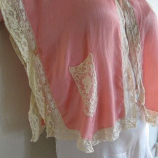 Vintage 1920s Bed Jacket Pink Silk Cream Lace 20s Lingerie Lacy Silk Blouse Top 2