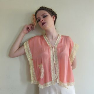 Vintage 1920s Bed Jacket Pink Silk Cream Lace 20s Lingerie Lacy Silk Blouse Top 4