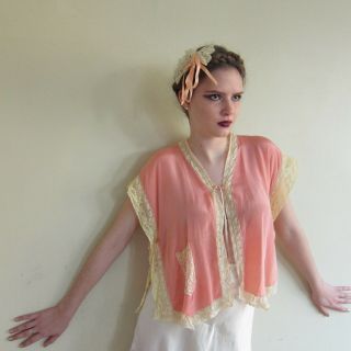 Vintage 1920s Bed Jacket Pink Silk Cream Lace 20s Lingerie Lacy Silk Blouse Top 7