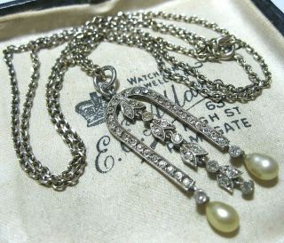 Antique Edwardian Fine Crystal & Pearl Pendant Long Silver Chain Necklace