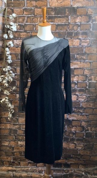 Vintage Oscar De La Renta Velvet And Silk Long Sleeved Midi Dress Size 8