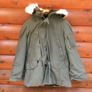 Military Vtg N - 3b Extreme Cold Weather Parka Hood Winter Grey Green Faux Fur M