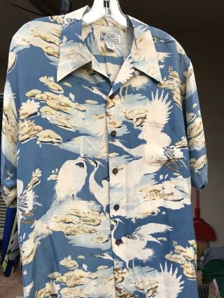 Size M Avanti Crane Bird Print 100 Silk Hawaiian Shirt Blue Vintage Style