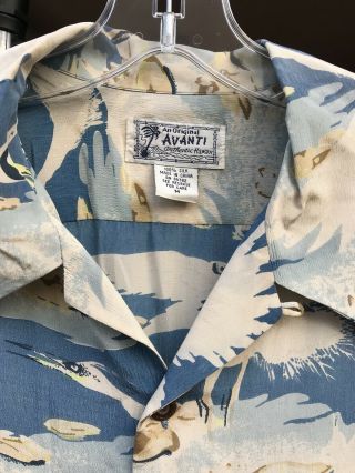 Size M Avanti Crane Bird Print 100 Silk Hawaiian Shirt Blue Vintage Style 2