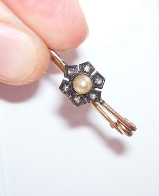 Fine Antique Victorian 9ct Gold 6 Old Mine Rose Cut Diamond Pearl Tie Stick Pin