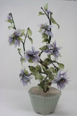 Vintage Asian Oriental Bonsai Jade Tree Green Pot Lavender Glass Flowers