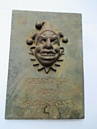 Vintage Cast Iron Relief Garden Patio Wall Outdoor Jester Greetings Sign Plaque