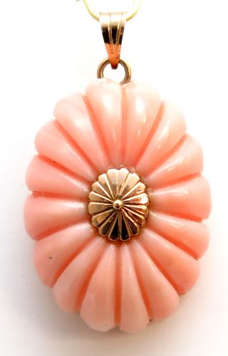 Vintage Carved Angelskin Coral Pendant Solid 14k Yellow Gold
