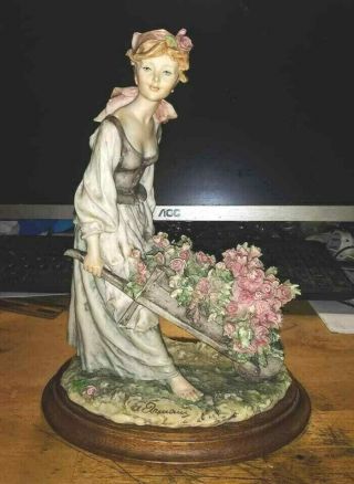 Vintage Giuseppe Armani Capodimonte Porcelain Figurine,  Girl With Flower Wheelba