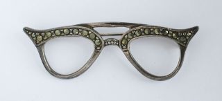 Cat Eye Glasses Sterling Silver Marcasite Brooch Pin