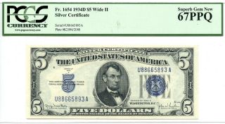 Fr 1654 1934d $5 " Rare Wide Ii " Silver Certificate Gem Pcgs 67 Ppq
