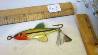 Vintage Fred Arbogast 2 Fish Lures Tin Liz W/glass Eyes,  Gold & Green W/black
