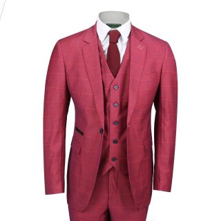 Mens 3 Piece Check Suit Burnt Pink Vintage Tailored Fit Blazer Waistcoat Trouser