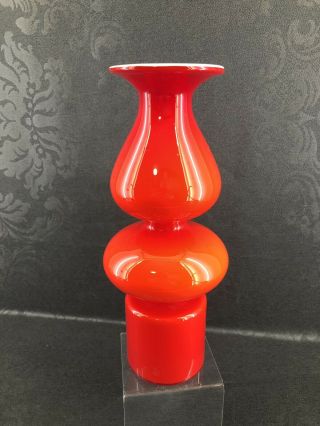 Vintage Empoli 12” Red Cased Glass Vase Modernist Mid Century Italian 7