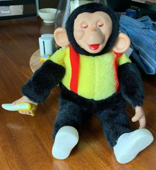 Vintage Mr Bim Zippy Monkey W/ Banana Plush 18 " Rubber Face Green Trading Usa