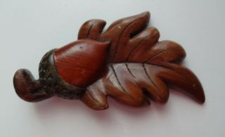 Vtg Large Hand Carved Wood Oak Leaf Acorn Pin Brooch Unique