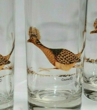 Vintage Mcm Couroc Roadrunner Highball Cocktail Glasses Bird Gold Black Set Of 4