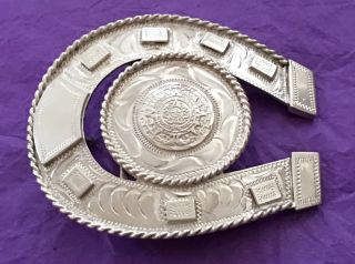 Vtg Large 925 Sterling Silver Horseshoe & Aztec Calendar Mexico Gh34 Belt Buckle