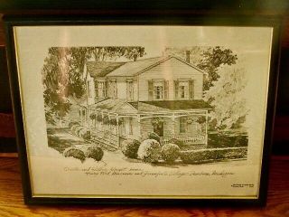 Vintage Framed Charles H.  Overly Pencil Drawing - Orville & Wilbur Wright House