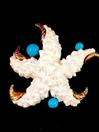 Fabulous Marcel Boucher White Textured Acrylic Turquoise Bead Starfish Brooch