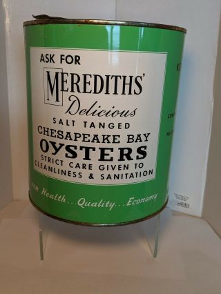 Vintage Antique Rare Food Advertising Tin Can,  Merediths Oysters,  Chesapeake Bay