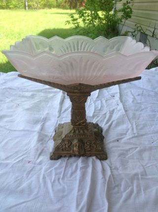 Vintage Pink Satin Glass Ornate Dish With Brass Ornate Compote Bottom