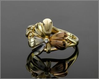 Vintage 14k Multi - Tone Yellow,  Rose,  White Gold Three Petal Flower Ring,  Size 7