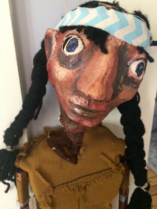 Vintage Folk Art Native American Indian Puppet Doll Wooden Paper Mache Hand Made