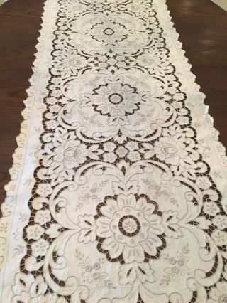 Vintage Extra Long Table Runner Madeira Cutwork Embroidered Flower Taupe Linen