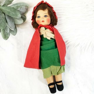 Antique Chad Valley Hygienic Toys Fabric Cloth Face Doll,  Red Riding Hood
